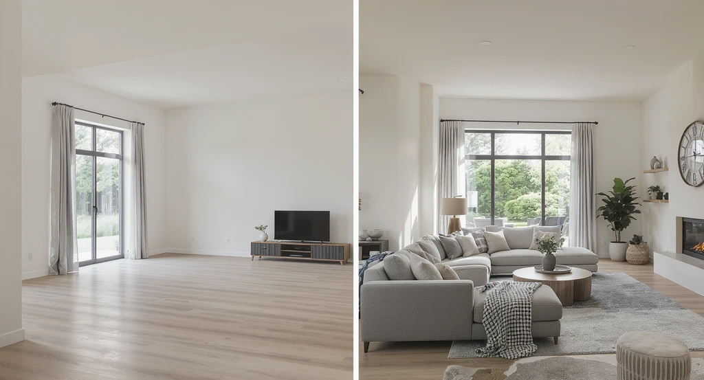 Photorealistic side-by-side image illustrates furnishing ideas for blank barndominium spaces by showing an empty open room beside a fully furnished, inviting layout.