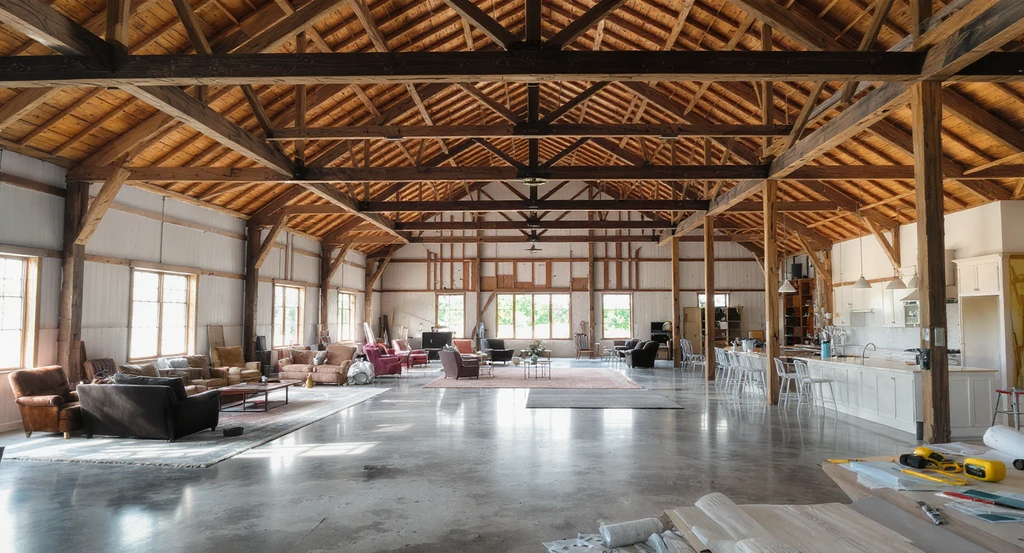 A large, empty barndominium great room with high exposed-beam ceilings shows awkwardly placed furniture and scattered design materials, demonstrating common design mistakes in empty rooms and offering ideas for making large spaces feel inviting by creating visual zones without walls.