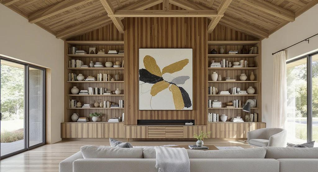 Barndominium living room with a high, expansive wall enhanced by built-in shelves, modern artwork, and wood paneling, showing ideas to transform large blank spaces into inviting interiors.