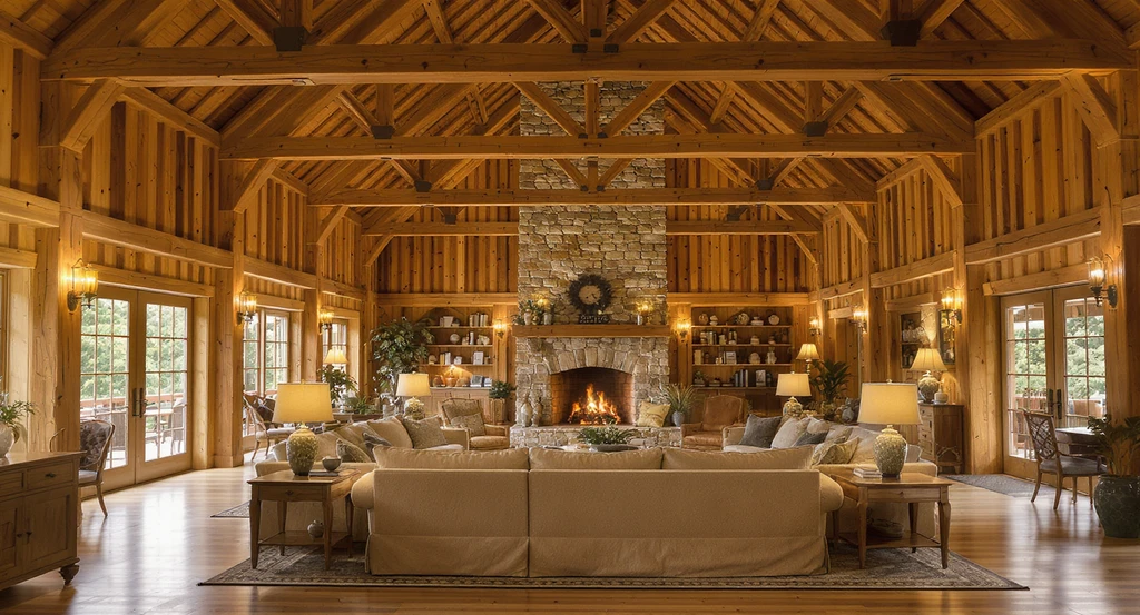 Open barndominium living room with exposed beams, fireplace, and grouped furniture zones, showing how to make large rooms feel inviting and avoid design mistakes in empty spaces.