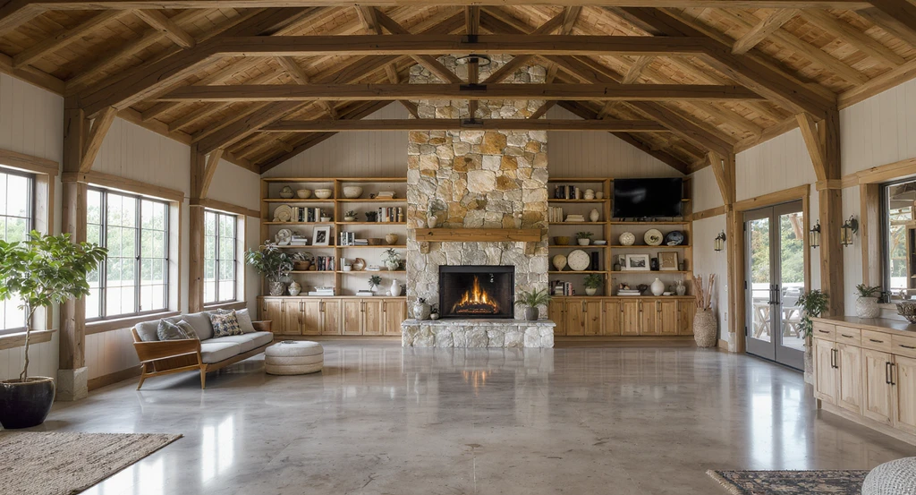 Barndominium interior showing a long sightline from the living area to a stone fireplace with built-ins, illustrating how to visualize empty room potential and furnishing focal points for large, open spaces.