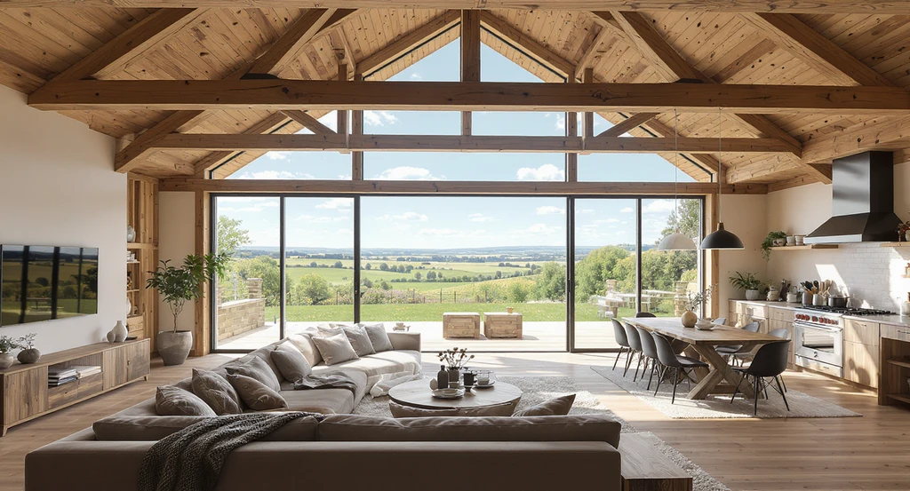 Spacious barndominium open living-kitchen area with large windows framing wooded views, illustrating optimal window placement for daily comfort.