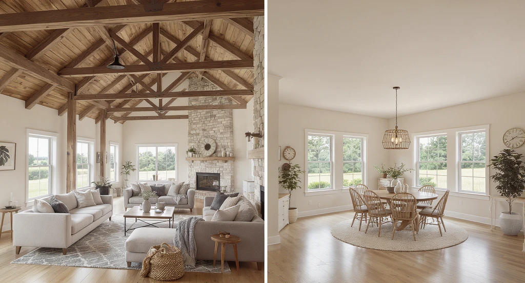 Open barndominium interior showing how varying ceiling heights create inviting zones—one with soaring beams and one with a lower, cozy dining nook.