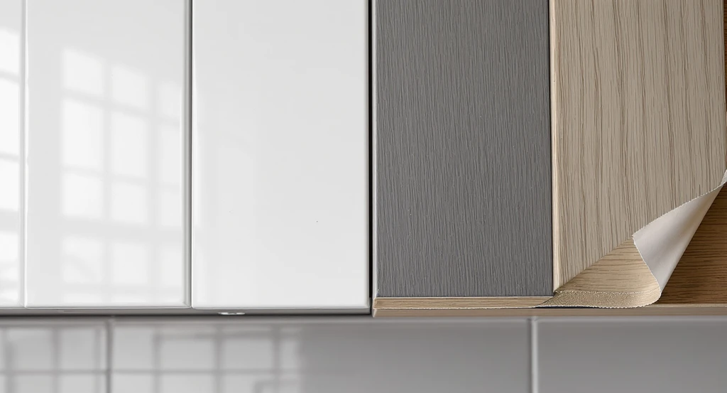 Modern kitchen cabinets displaying common facade mistakes, including fingerprint-prone glossy finishes, smudged matte doors, swelling MDF edges, and lifting veneer, visualizing how to choose kitchen cabinet facades and best materials for kitchen cabinet durability for a kitchen remodel in 2026.