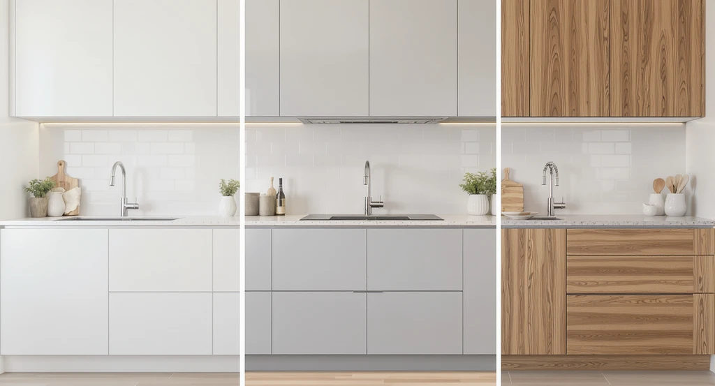 Realistic kitchen displaying three different cabinet facade materials side by side to illustrate how to choose kitchen cabinet facades, visualizing kitchen remodel material choices and best materials for kitchen cabinet durability in a renovation decision guide for kitchen facades. This setup reflects kitchen cabinet facade trends 2026.