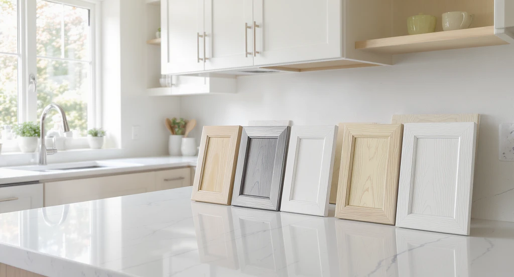 Modern kitchen remodel scene with a variety of realistic kitchen cabinet facade material samples, showing options for how to choose kitchen cabinet facades, visualizing kitchen remodel material choices, and highlighting best materials for kitchen cabinet durability for a renovation decision guide.