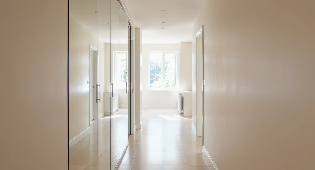 Modern hallway with mirrored wall paneling reflecting natural light, illustrating wall paneling ideas for renovation decision and brighter room design.
