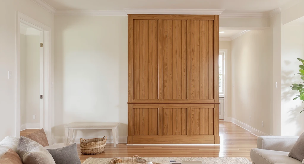 A modern living room featuring stylish wood wall paneling on a small entryway wall, illustrating how to choose paneling based on specific room problems and avoid common renovation mistakes to increase home value.