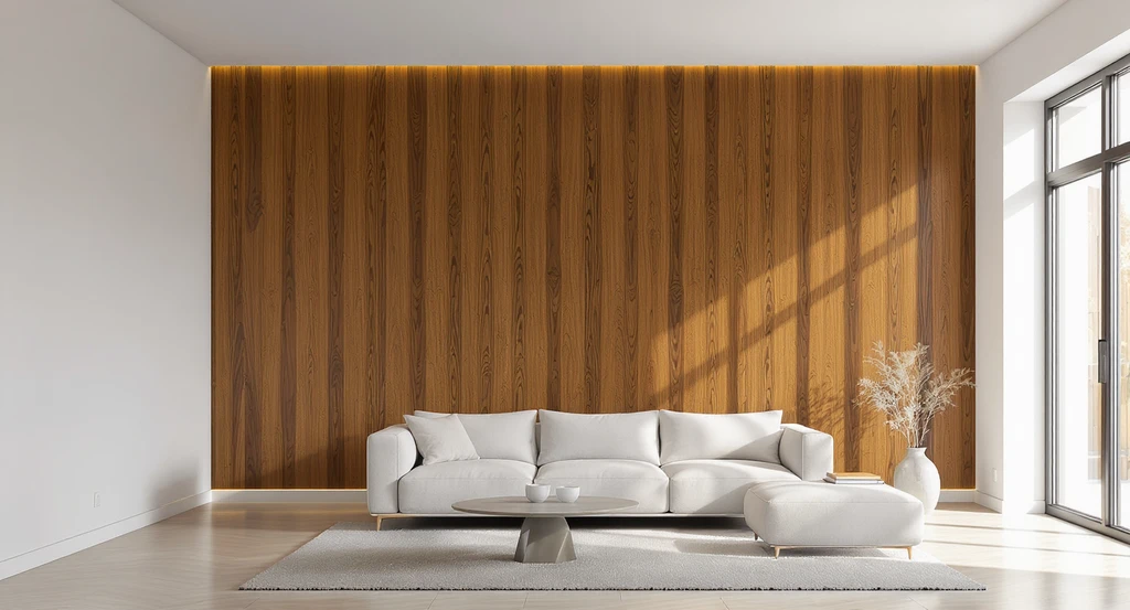 Modern living room with textured wood wall paneling as a strong focal point, showing how wall paneling ideas can solve common room design problems.