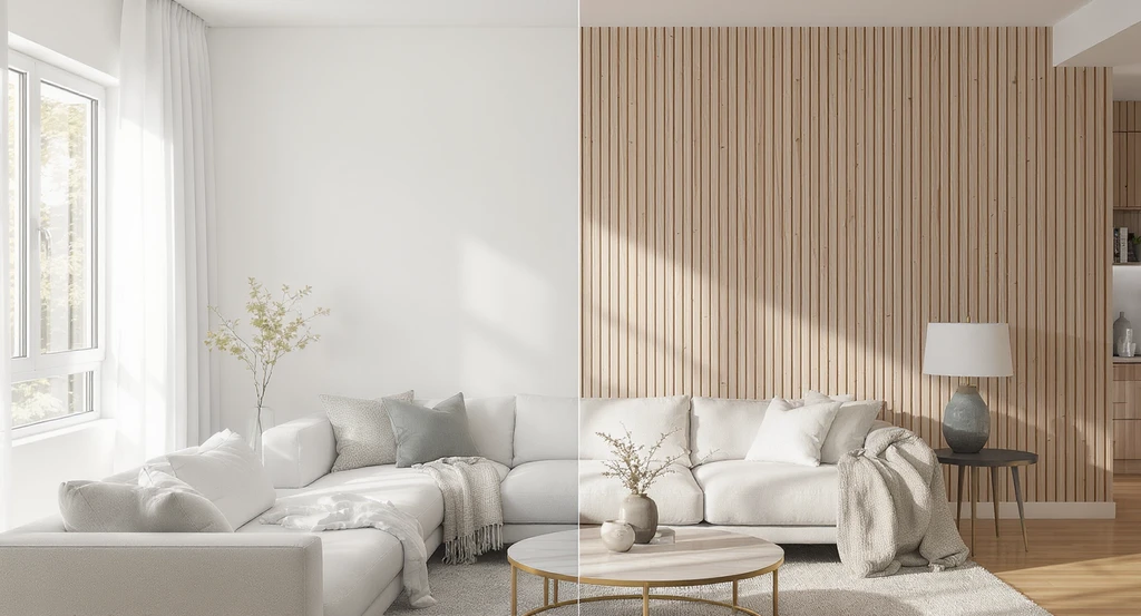 Modern living room showing a side-by-side comparison: one wall with simple paint, another with updated vertical wood paneling, illustrating renovation decision and how wall paneling ideas can solve common room problems and avoid design mistakes.