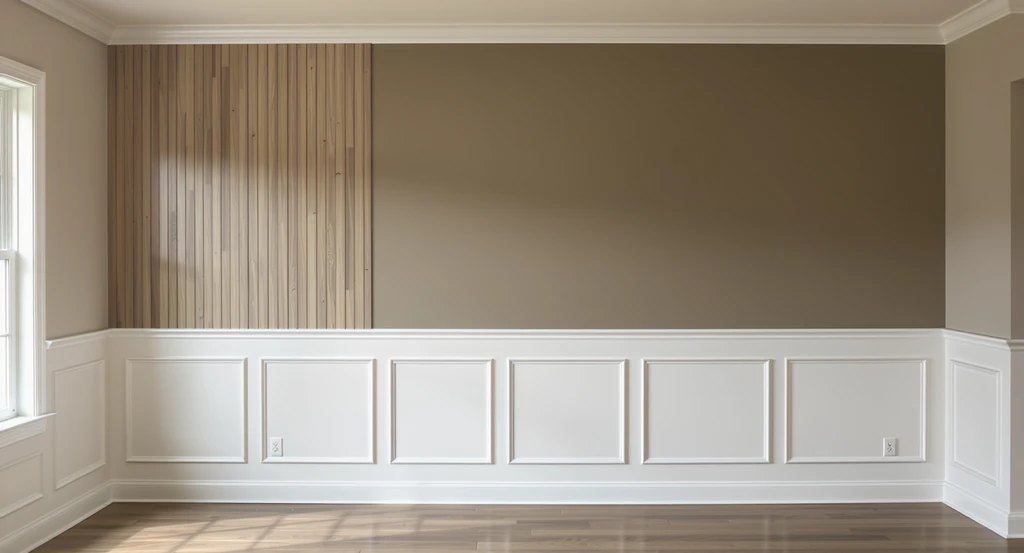 Realistic living room with new wall paneling options: wainscoting, vertical slats, and bold color accent. Shows how wall paneling ideas solve builder-grade design problems, enhance renovation decisions, and increase home value.