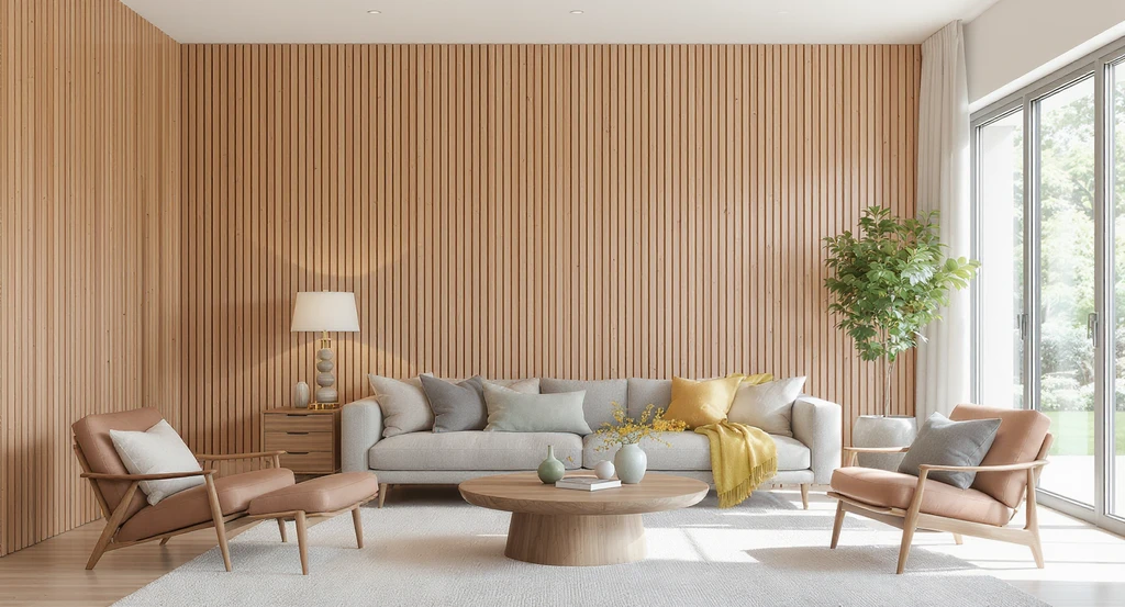Contemporary living room with floor-to-ceiling vertical wood slatted paneling, illustrating how vertical paneling ideas can make low ceilings feel taller and increase home value.