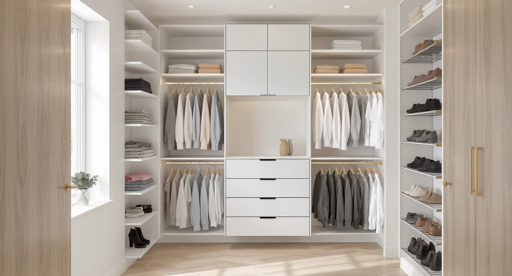 Walk-in closet design idea for small spaces showing floating shelves, wall-mounted shoe racks, and raised cabinetry that maximize floor space and light, illustrating how to organize a small walk-in closet with the best storage solutions for tiny closets.