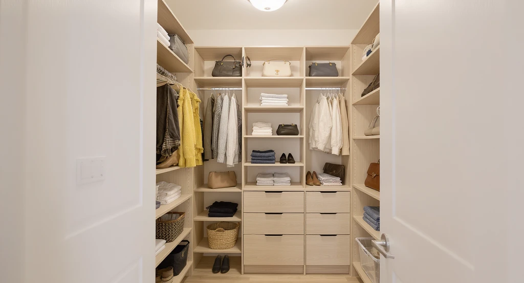 Walk-in closet design idea for small spaces showing open shelving with visible shoes, folded denim, and handbags, using the best storage solutions to create visual space in a compact closet with natural lighting.