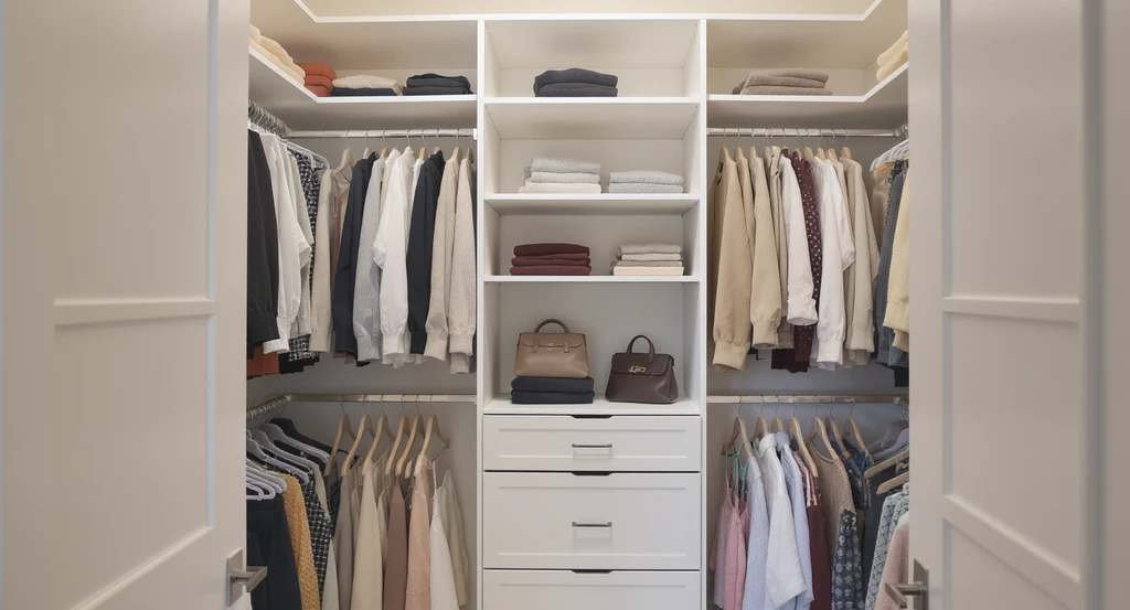 Prime storage zone in a small walk-in closet with daily clothes and accessories organized at eye to waist level, showcasing smart closet design ideas.
