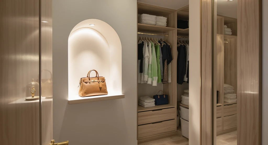 Boutique-inspired walk-in closet design in a small space showing a display zone with accent lighting focused on a luxury bag and watch. Smart storage solutions, neutral colors, and layered lighting maximize visual space in this compact closet setup.