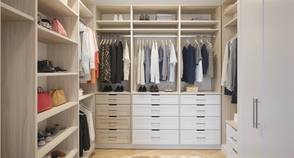 Small walk-in closet uses open shelves, varying heights, hanging rails, and closed drawers for visual rhythm—showing smart walk-in closet design ideas for small spaces and optimal organization.