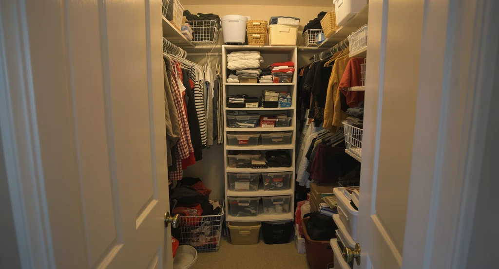 Photorealistic small walk-in closet packed with organizers, bins, hanging clothes, and tight storage, illustrating walk-in closet design ideas for small spaces.