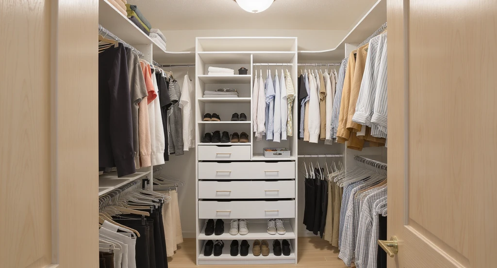 Walk-in closet design ideas for small spaces showing an organized closet with grouped daily clothes, shoes, and accessories for efficient routines.