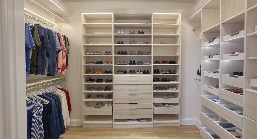 Accurately organized small walk-in closet showing dedicated wall zones: one wall for hanging clothes, another for shoes, and a third for accessories. This solution illustrates walk-in closet design ideas for small spaces and how to organize a small walk-in closet effectively.