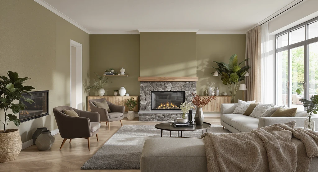 A contemporary living-dining open space shows how expert ai color visualization for home interiors 2026 harmonizes olive, mocha, and khaki with realistic lighting, using best ai interior color selection practices for staging.