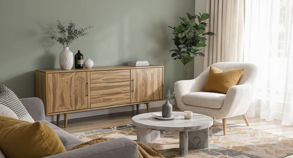 Photorealistic living room shows 2026 color trends layered with wood, stone, and textiles, demonstrating expert-guided AI color visualization for home interiors.