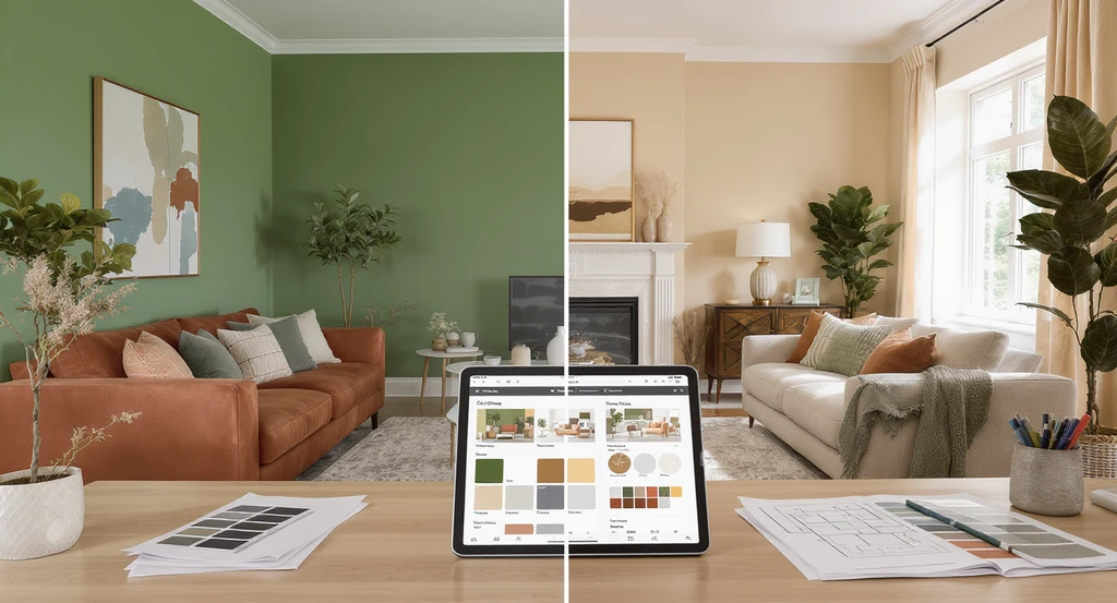 Modern living room split to show ai color visualization for home interiors 2026 versus expert-guided color staging, using earthy greens, terracotta, and warm browns.