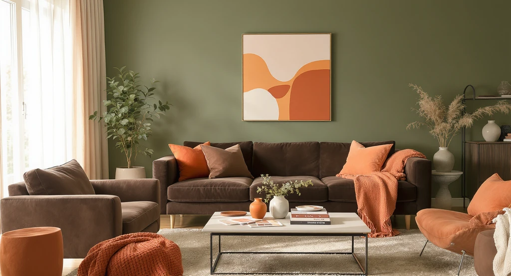 Editorial photo of a 2026-inspired living room, featuring ai color visualization for home interiors 2026 with expert-guided, buyer-focused color staging using olive green, chocolate brown, and terracotta palettes.