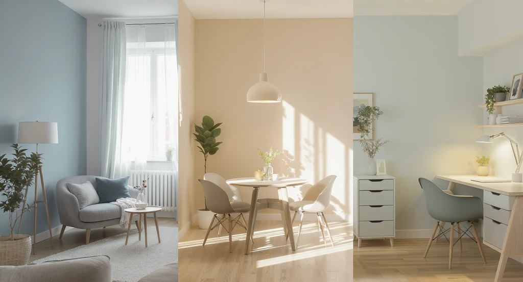 Editorial photo of a sunlit studio apartment using color zoning, ceiling, standing, and task lighting to highlight zones, an ideal color strategy for aphantasia apartments and small studios.