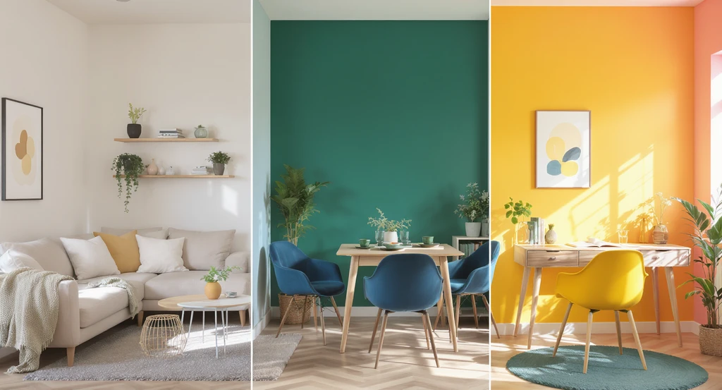 Photorealistic small studio apartment with color zoning: earthy tone lounge, jewel-toned dining, bright-hued workspace—optimized for color strategies in aphantasia apartments, visualization tools, and palettes for decorators addressing the visualization gap.