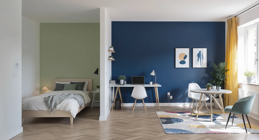 Studio apartment with sage green wall behind bed, navy accent wall at workspace, and colorful rug in dining zone, showing color zoning in small studios.
