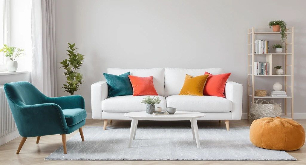 Studio apartment with a white sofa, mustard and teal pillows, teal accent chair, and pale gray rug—showcasing color zoning and palette strategies for small studios.