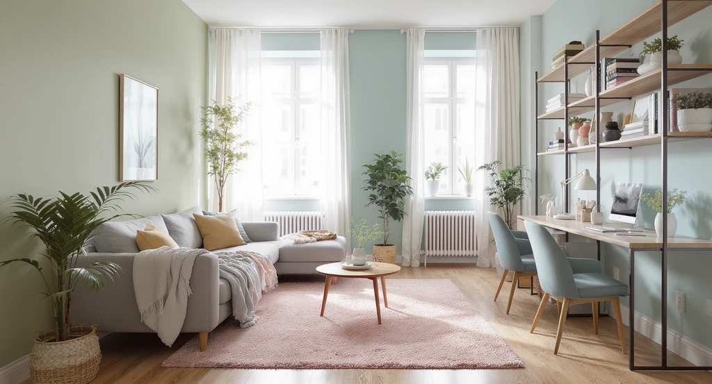 Modern studio apartment using color zoning, layered palettes, and visual design solutions to create an expansive, personal space for aphantasia decorators.