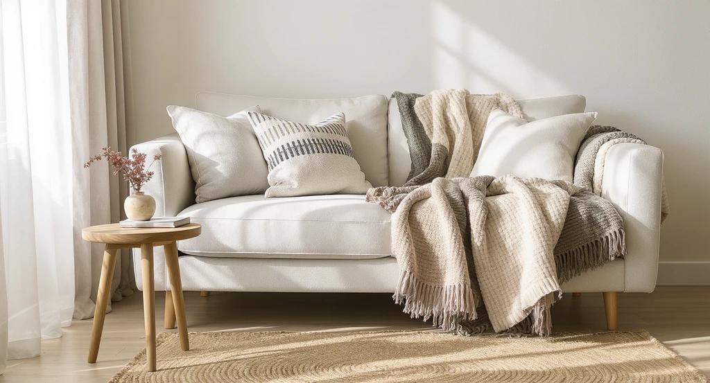 Small studio apartment corner showing color strategies for aphantasia apartments with layered linen, wool throws, woven rugs, and wood accents to illustrate how to use color zoning in apartments.
