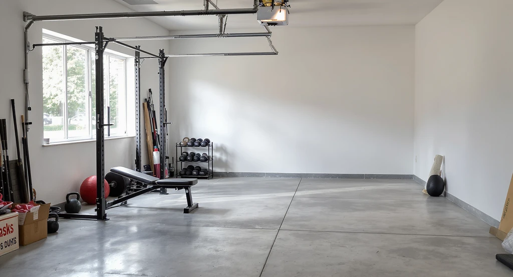 Ultra-realistic garage gym layout with open floor space, minimal equipment, empty garage corners, and daylight — showing flexible gym area ideas from 10 Smart Garage Gym Layout Ideas and design tips for flexible garage gym spaces.