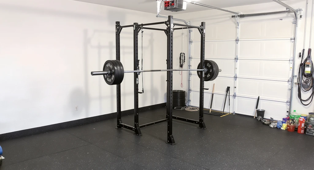 Photorealistic garage gym corner with a squat rack, loaded Olympic barbell, clear flooring buffer zones, and natural lighting, showing best garage gym open layout ideas.