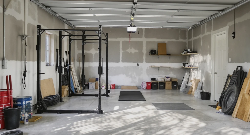 Bright, uncluttered garage gym layout showing open shelves, clear walls, and empty corners, demonstrating 10 Smart Garage Gym Layout Ideas, how to use empty garage corners, and best ways to arrange garage gym open areas for a spacious feel.