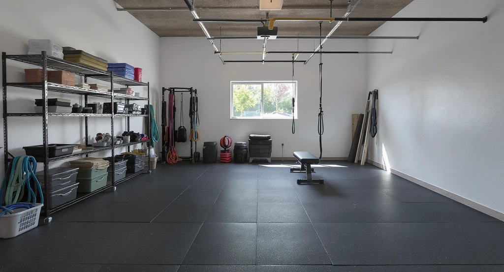 Modern garage gym layout showing movable shelves, open workout areas, and multipurpose storage benches for flexible gym space. 10 Smart Garage Gym Layout Ideas, best ways to arrange garage gym open areas, design tips for flexible garage gym spaces.