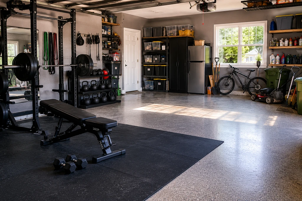 Editorial photo of a two-car garage gym layout, showing a weight bench, gym equipment in one corner, storage bins, and blank garage space. Visualizing potential and best ways to arrange garage gym open areas with design tips for flexible garage gym spaces.