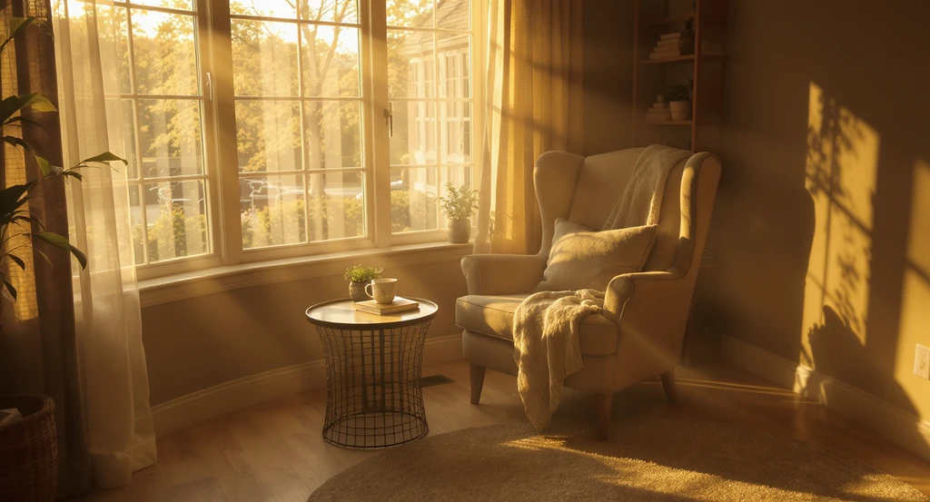 How to visualize sunroom furniture layout: A cozy chair, side table, and plant arranged where morning sunlight falls, demonstrating Sunroom Ideas That Make the Space More Comfortable, Useful, and Beautiful while avoiding common sunroom furniture mistakes and offering tips for choosing furniture scale in sunroom.