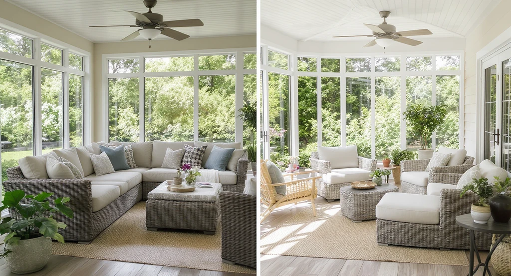 Realistic sunroom interior showing two furniture arrangements: one crowded and uncomfortable, the other optimized for comfort and functionality, demonstrating Sunroom Ideas That Make the Space More Comfortable, Useful, and Beautiful. Shows how to visualize sunroom furniture layout, avoid common sunroom furniture mistakes, and choose the right sofa scale for your sunroom.