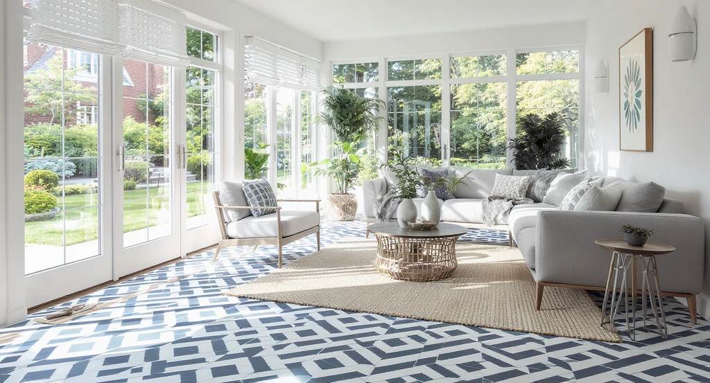 Photorealistic sunroom showing geometric tile flooring, textured neutral rug, modern sofa, and garden views—demonstrating Sunroom Ideas That Make the Space More Comfortable, Useful, and Beautiful with a focus on how to visualize sunroom furniture layout and avoid common sunroom furniture mistakes.