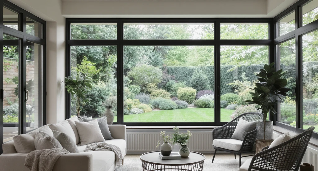 Sunroom with charcoal window trim framing garden views, showing ideal furniture layout. Tips for choosing furniture scale in sunroom, avoiding mistakes.