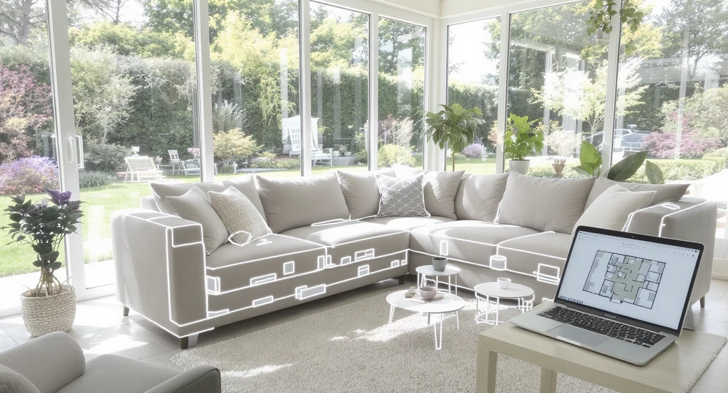 How to visualize sunroom furniture layout: realistic sunroom with outlined sofa and plant arrangements, avoiding common sunroom furniture mistakes and showing tips for choosing furniture scale in sunroom.