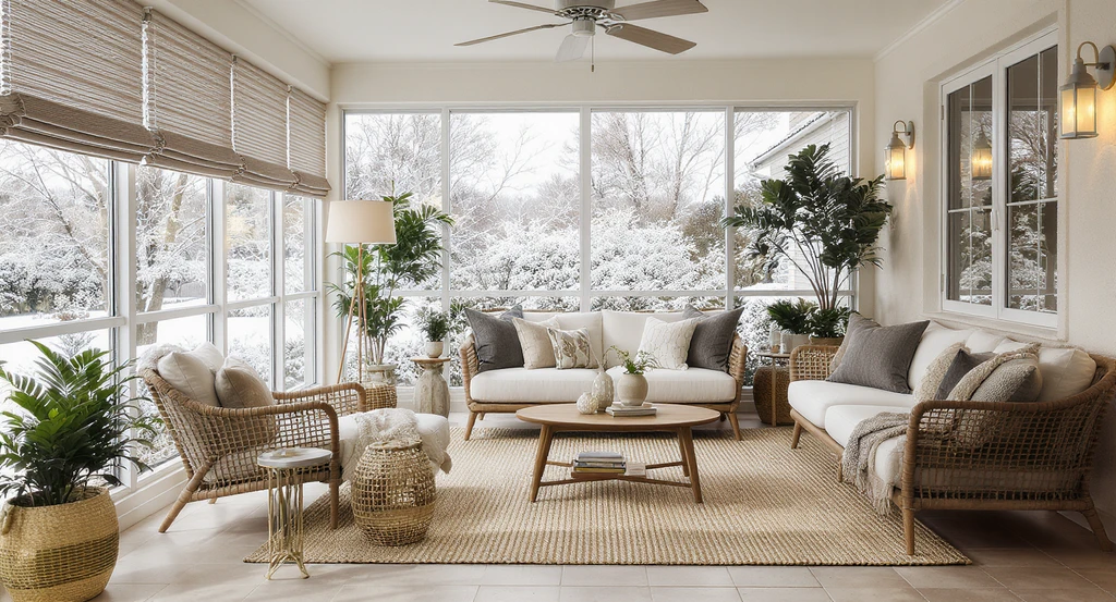 Photorealistic sunroom with layered rugs, adjustable blinds, plush textiles, scalable furniture, and adjustable lighting, illustrating how to visualize sunroom furniture layout for Sunroom Ideas That Make the Space More Comfortable, Useful, and Beautiful, while avoiding common sunroom furniture mistakes.