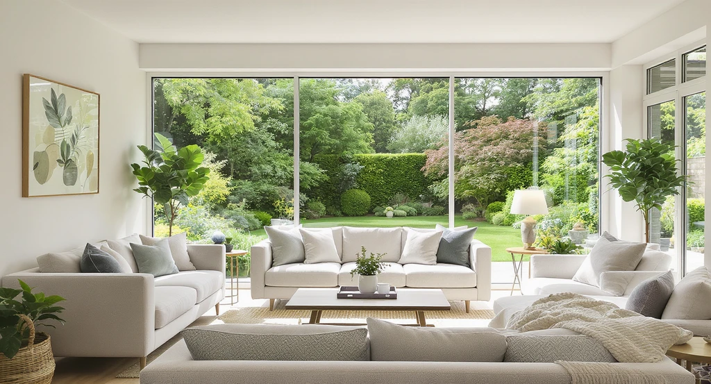 Photorealistic sunroom with sofa and chairs arranged toward a garden view, illustrating how to visualize sunroom furniture layout and avoid common sunroom furniture mistakes.