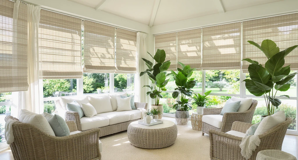 Sunroom with light drapes, woven shades, and leafy plants creating a cool shaded corner for comfortable furniture layout—showcasing Sunroom Ideas That Make the Space More Comfortable, Useful, and Beautiful and avoiding common sunroom furniture mistakes, with tips for choosing furniture scale in sunroom.