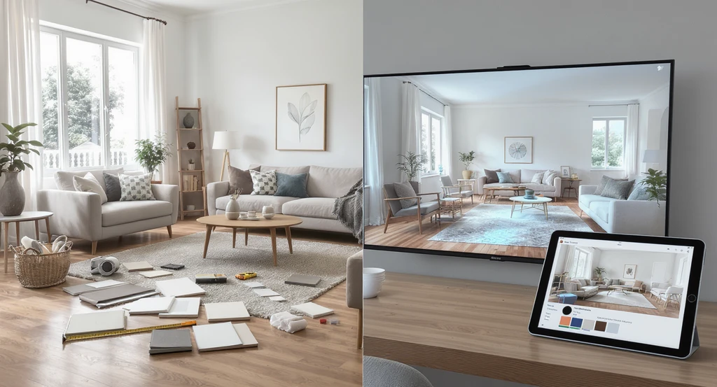 Ultra-realistic living room showing side-by-side real-world materials, swatches, and ai powered interior design visualization tools with ar room planning ideas on a tablet screen.