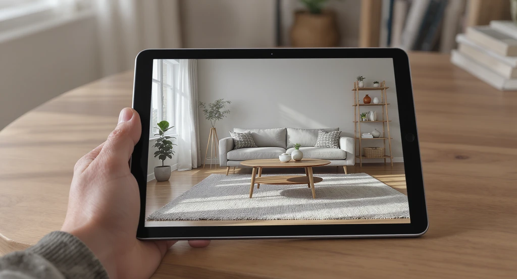 Photorealistic living room with a tablet displaying AR furniture overlays, illustrating ai powered interior design visualization tools and how ai transforms home design process for augmented reality room planning ideas.