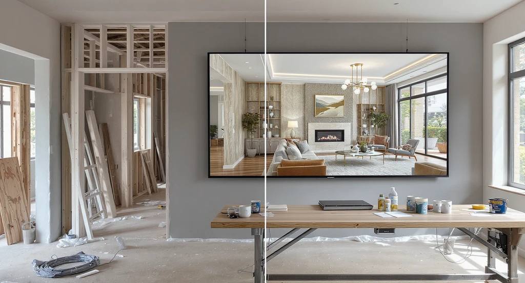 Ai powered interior design visualization tools display a photorealistic 3D interior render beside a matching unfinished living room, showing how ai transforms home design process and aids virtual reality for home remodeling with realistic material finishes and natural lighting.